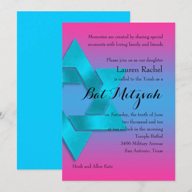 Invitación Bat Mitzvah Turquoise to Pink Ombre con estrella (Anverso / Reverso)