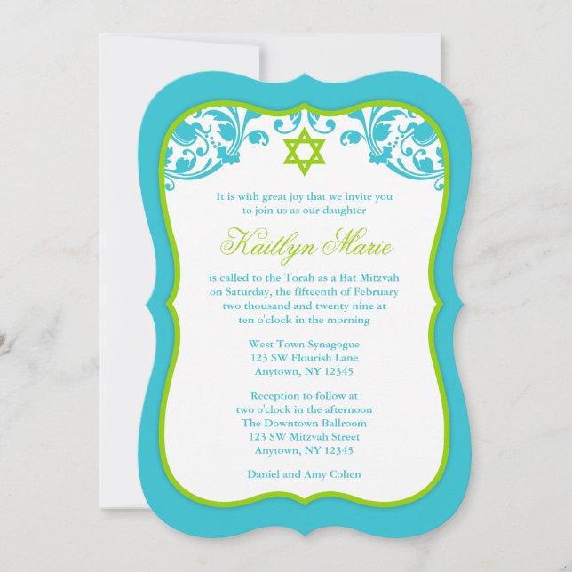 Invitación Bat Mitzvah, un nadador Verde azulado y verde limó (Anverso)