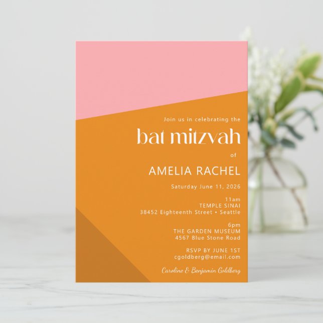 Invitación Bat Mitzvah, un Naranja geométrico moderno quemado (Anverso de pie)