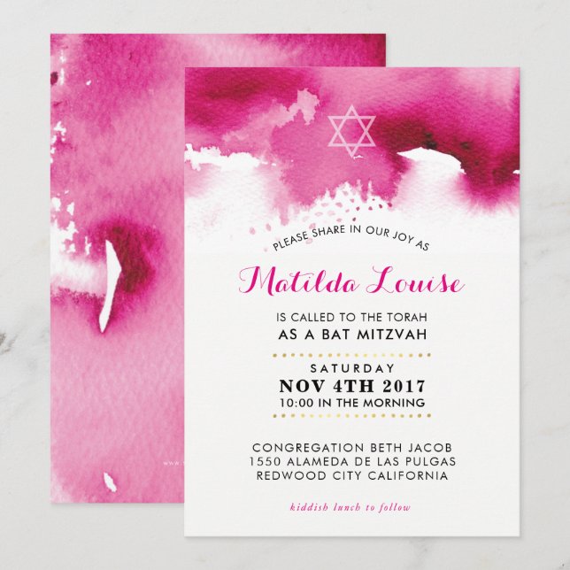 Invitación BAT MITZVAH una elegante acuarela rosa brillante (Anverso / Reverso)