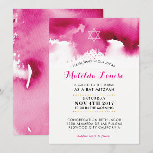 Invitación BAT MITZVAH una elegante acuarela rosa brillante