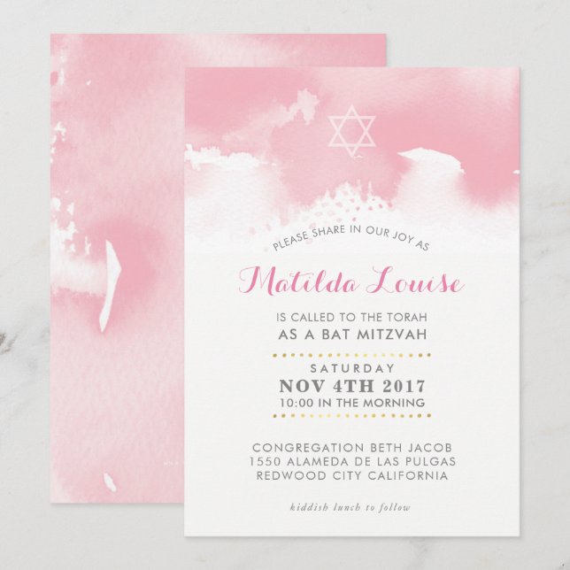 Invitación BAT MITZVAH una elegante acuarela rosa pálido invi (Anverso / Reverso)