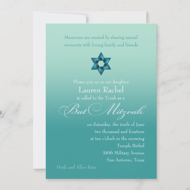 Invitación Bat Mitzvah Verde azulada Ombre con estrella (Anverso)