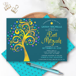 Invitación Bat Mitzvah Verde azulado árbol de Relieve metaliz