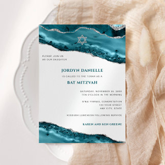 Invitación Bat Mitzvah Verde azulado y plateado Agate Moderno
