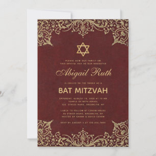 Invitación Bat Mitzvah Vintage Elegante Burgundy Rojo Dorado 