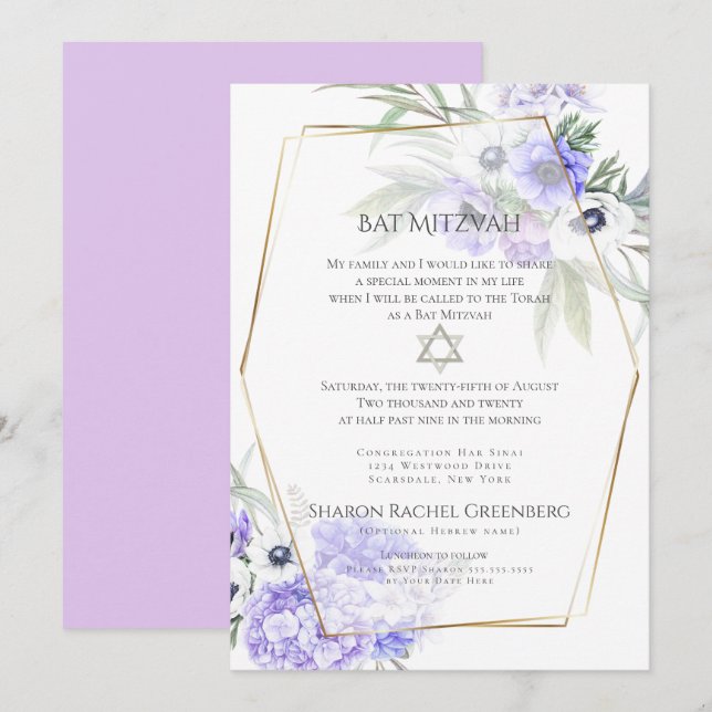 Invitación BAT MITZVAH | Violeta Anemona Floral Verso 1 (Anverso / Reverso)