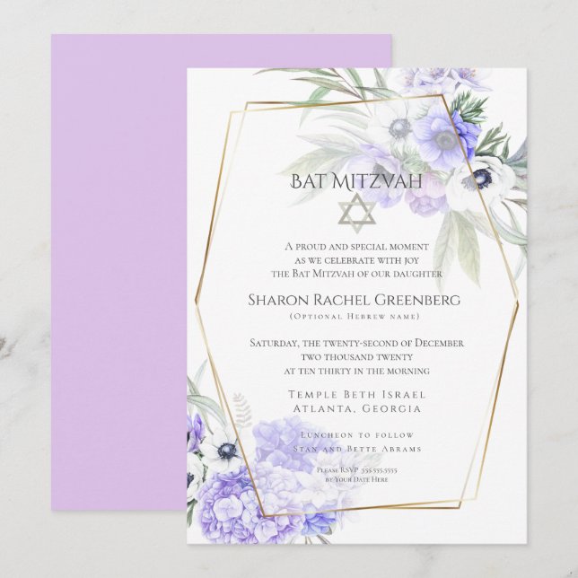 Invitación BAT MITZVAH | Violeta Anemona Floral Verso 2 (Anverso / Reverso)
