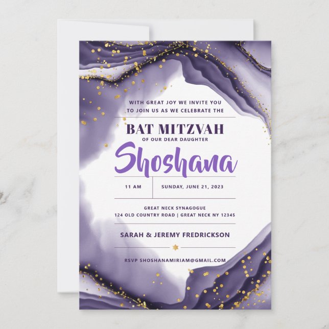 Invitación Bat Mitzvah Watercolor Agate Purpurina Purple (Anverso)