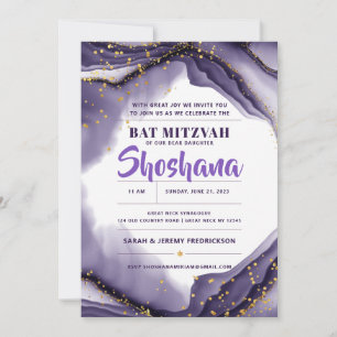 Invitación Bat Mitzvah Watercolor Agate Purpurina Purple
