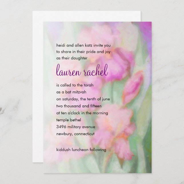 Invitación Bat Mitzvah Watercolor Iris Rosa (Anverso / Reverso)