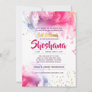 Invitación Bat Mitzvah Watercolor Purpurina Rosa y Oro