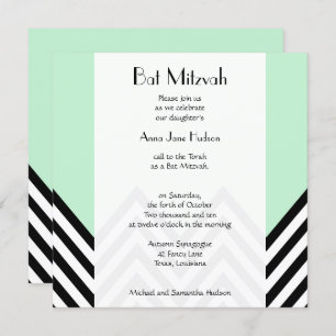 Invitación Bat Mitzvah - Zigzag, Chevron - Mint Green, Black