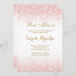 Invitación Bat Miztva, hebreo e inglés, Rosa Purpurina de oro