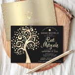 Invitación Bat QR Code Mitzvah Black Gold Tree of Life Script<br><div class="desc">¡Estén orgullosos, regocijaos y exhiban este hito de su Bat Mitzvah favorito! Envíe esta sofisticada, moderna y personalizada invitación al código QR para un evento que recordar. Un audaz y gráfico árbol de Relieve metalizado de oro falso con brillantes "hojas" de la Estrella de David y "hojas" de punto, junto...</div>