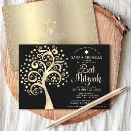 Invitación Bat QR Code Mitzvah Black Gold Tree of Life Script