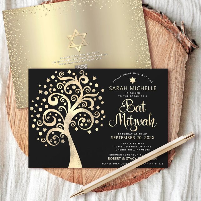 Invitación Bat QR Code Mitzvah Black Gold Tree of Life Script (Subido por el creador)