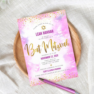 Invitación Bat rosa Mitzvah Relieve metalizado dorado acuarel
