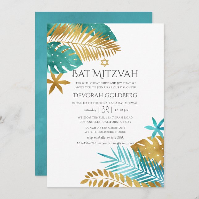 Invitación Bat Tropical verde azulado y Oro Mitzvah (Anverso / Reverso)