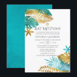 Invitación Bat Tropical verde azulado y Oro Mitzvah<br><div class="desc">Verde azulado - invitación de mitzvah de murciélago follaje de Relieve metalizado tropical color turquesa y dorado diseñada para ser rápida y fácilmente adaptada a las especificaciones de tu evento.</div>