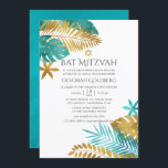 Invitación Bat Tropical verde azulado y Oro Mitzvah<br><div class="desc">Verde azulado - invitación de mitzvah de murciélago follaje de Relieve metalizado tropical color turquesa y dorado diseñada para ser rápida y fácilmente adaptada a las especificaciones de tu evento.</div>