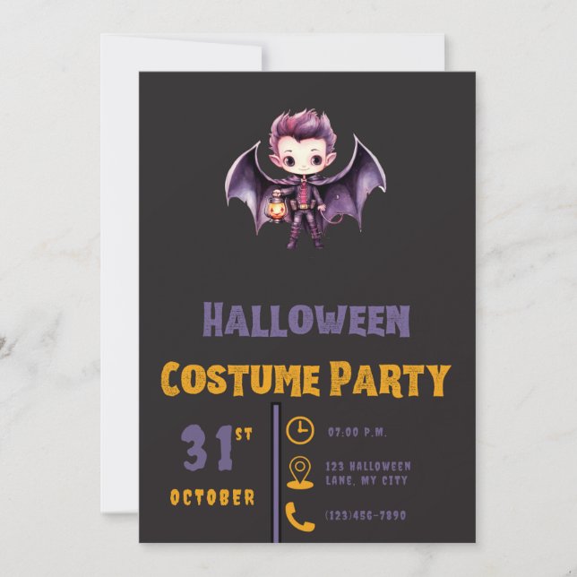 Invitación Bat Vampire Pumpkin Cute Halloween Negro moderno (Anverso)