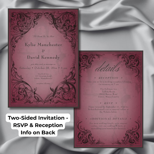 Invitación Batalla de época hasta la muerte Boda de Borgoña a (Vintage Bat Until Death Burgundy Two-Sided Wedding Invitation)