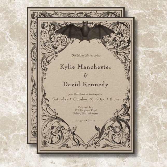 Invitación Batalla victoriana hasta la muerte negra y Boda ta (Victorian Bat Until Death Black & Tan Wedding Invitation)