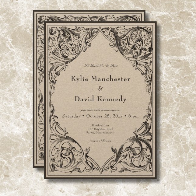 Invitación Batalla victoriana hasta la muerte negra y Boda ta (Victorian Bat Until Death Black & Tan Wedding Invitation)