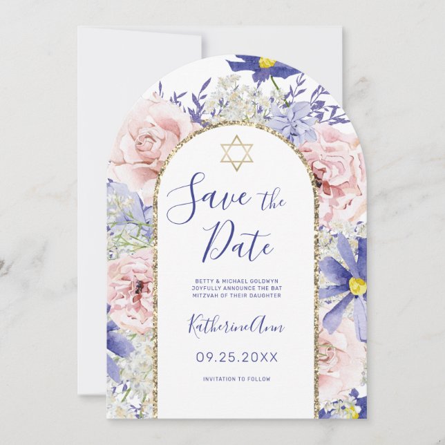 Invitación Bate de oro morado rosa floral Mitzvah salva la fe (Anverso)