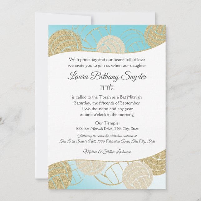 Invitación Bate deportivo de voleibol Mitzvah Blue and Gold (Anverso)