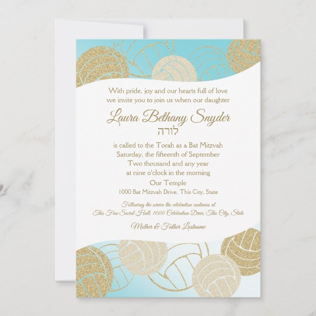 Invitación Bate deportivo de voleibol Mitzvah Blue and Gold (Anverso)