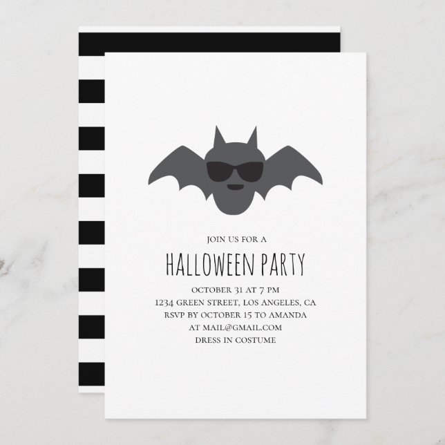 Invitación Bate. Fiesta de disfraces de Halloween en blanco y (Anverso / Reverso)