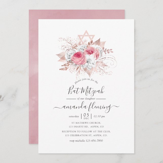 Invitación Bate floral de oro rosa y Rosa Mitzvah