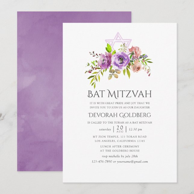 Invitación Bate floral de primavera Mitzvah (Anverso / Reverso)