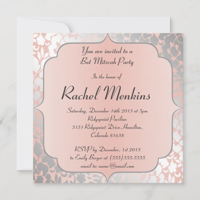 Invitación Bate floral formal metálico Mitzvah (Anverso)
