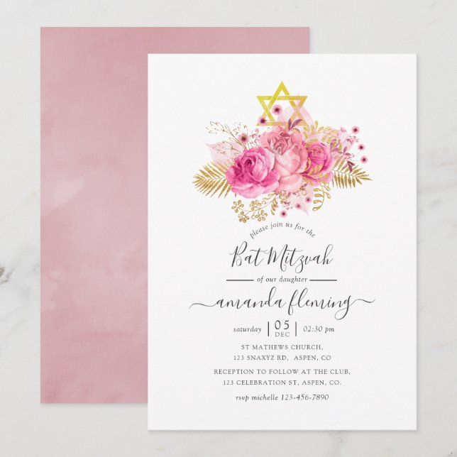 Invitación Bate floral tropical rosa y dorado Mitzvah (Anverso / Reverso)