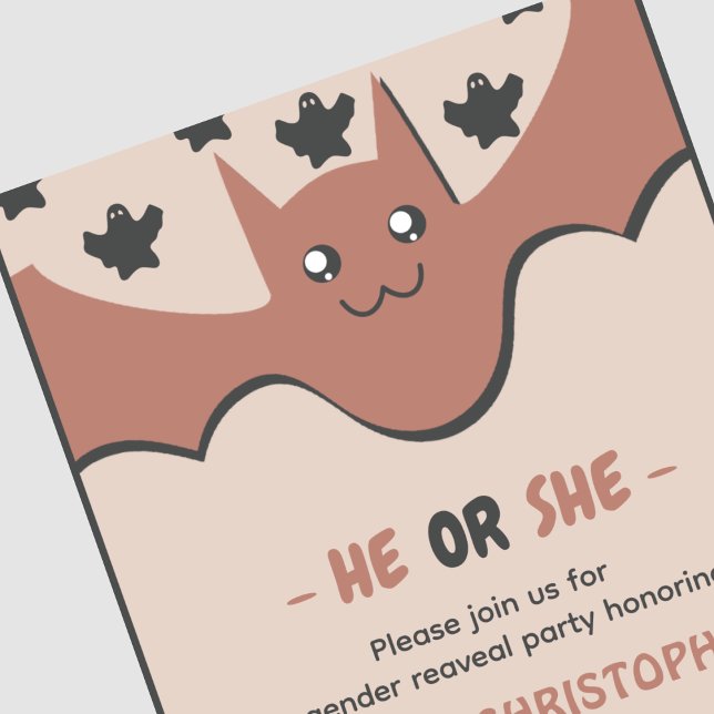 Invitación Bate lindo Octubre revelación de género de él o el (Cute-bat-October-He-or-She-Halloween-gender-reveal-Invitation-1)