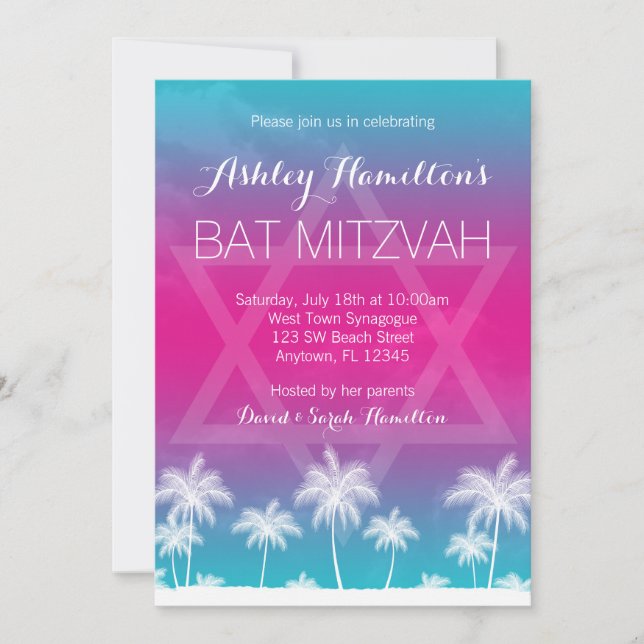 Invitación Bate rosa azul tropical Verde azulado Mitzvah (Anverso)