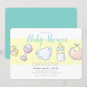 Invitación Batería, botella, pañal, bib y ducha pacificadora