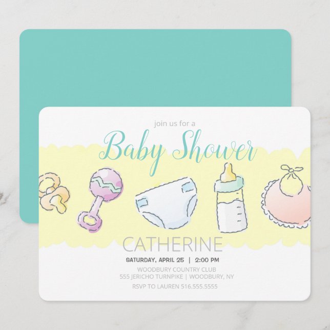 Invitación Batería, botella, pañal, ducha de bib y pacificado (Anverso / Reverso)