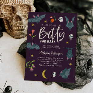 Invitación Batería de murciélagos morados para Baby Shower