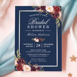 Invitación Batería floral de borgoña Blue Winter Bridal Showe