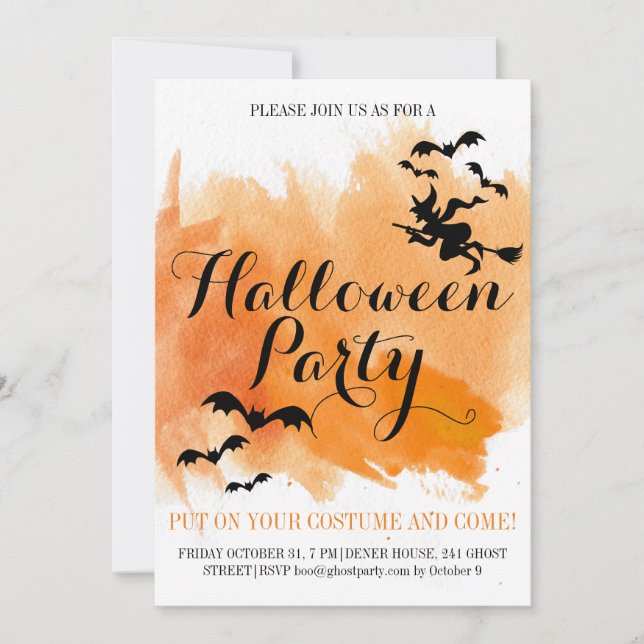Invitación Bates de Halloween y acuarela moderna de brujas (Anverso)