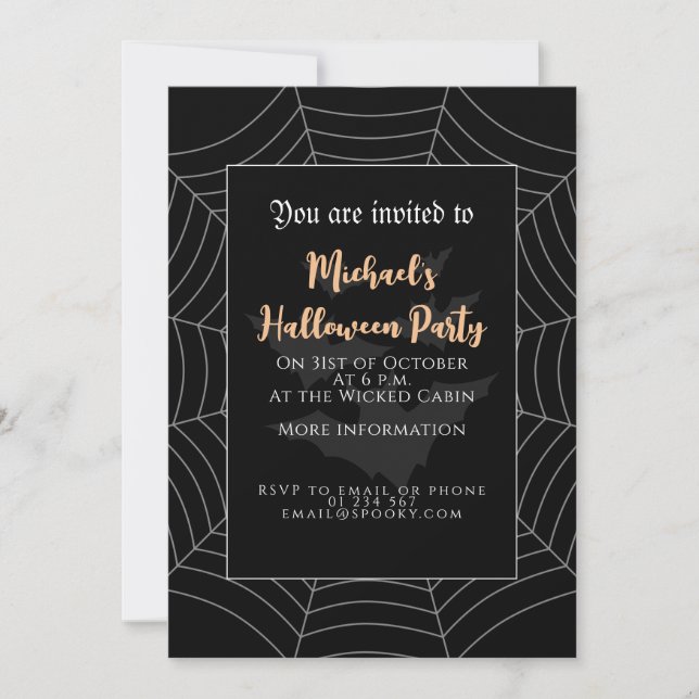 Invitación Bates de telaraña gris negro de la fiesta de Hallo (Anverso)