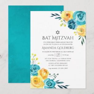 Invitación Batik Mitzvah floral turquesa y amarillo