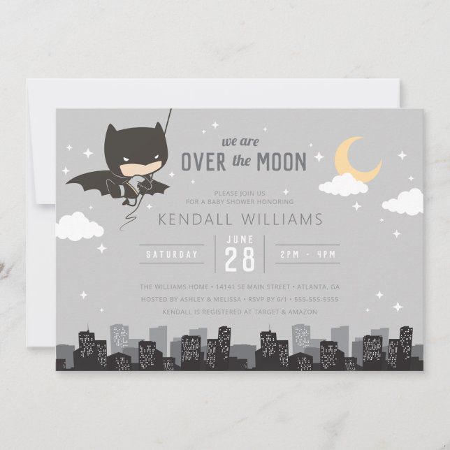 Invitación Batman | Estamos en el Baby Shower de Moon Boy (Anverso)