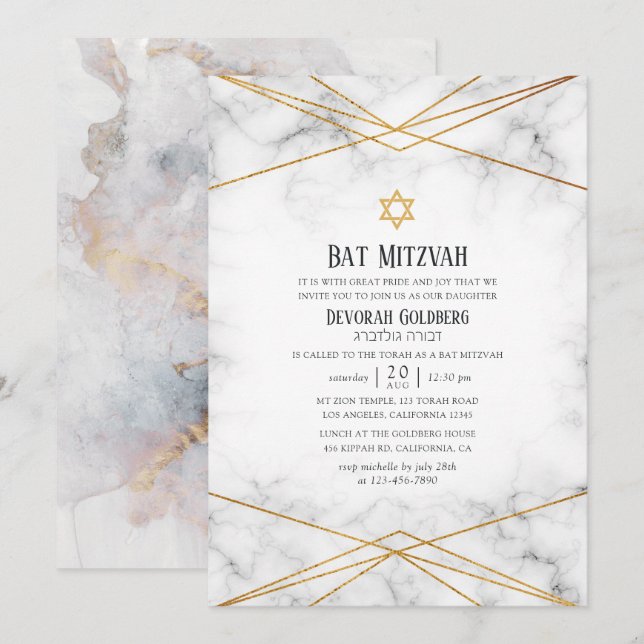 Invitación Bátmitzvá Geométrico de Mármol Dorado (Anverso / Reverso)