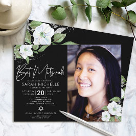 Invitación Batmitzvah de Foto Negra Floral Plateada de Acuare