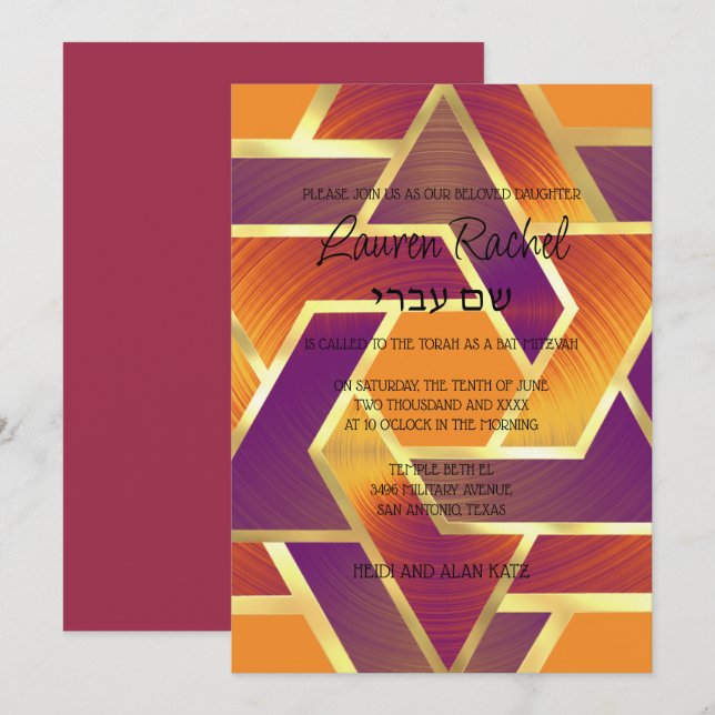 Invitación Batmitzvah Estrellas David Capas Púrpura Rojo (Anverso / Reverso)